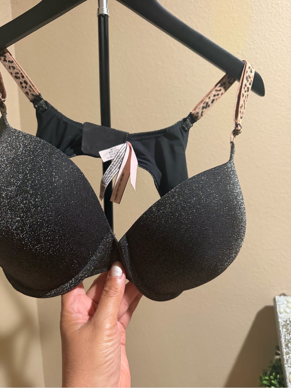 Victoria's Secret Black Glitter Push-Up Bra with Leopard Straps